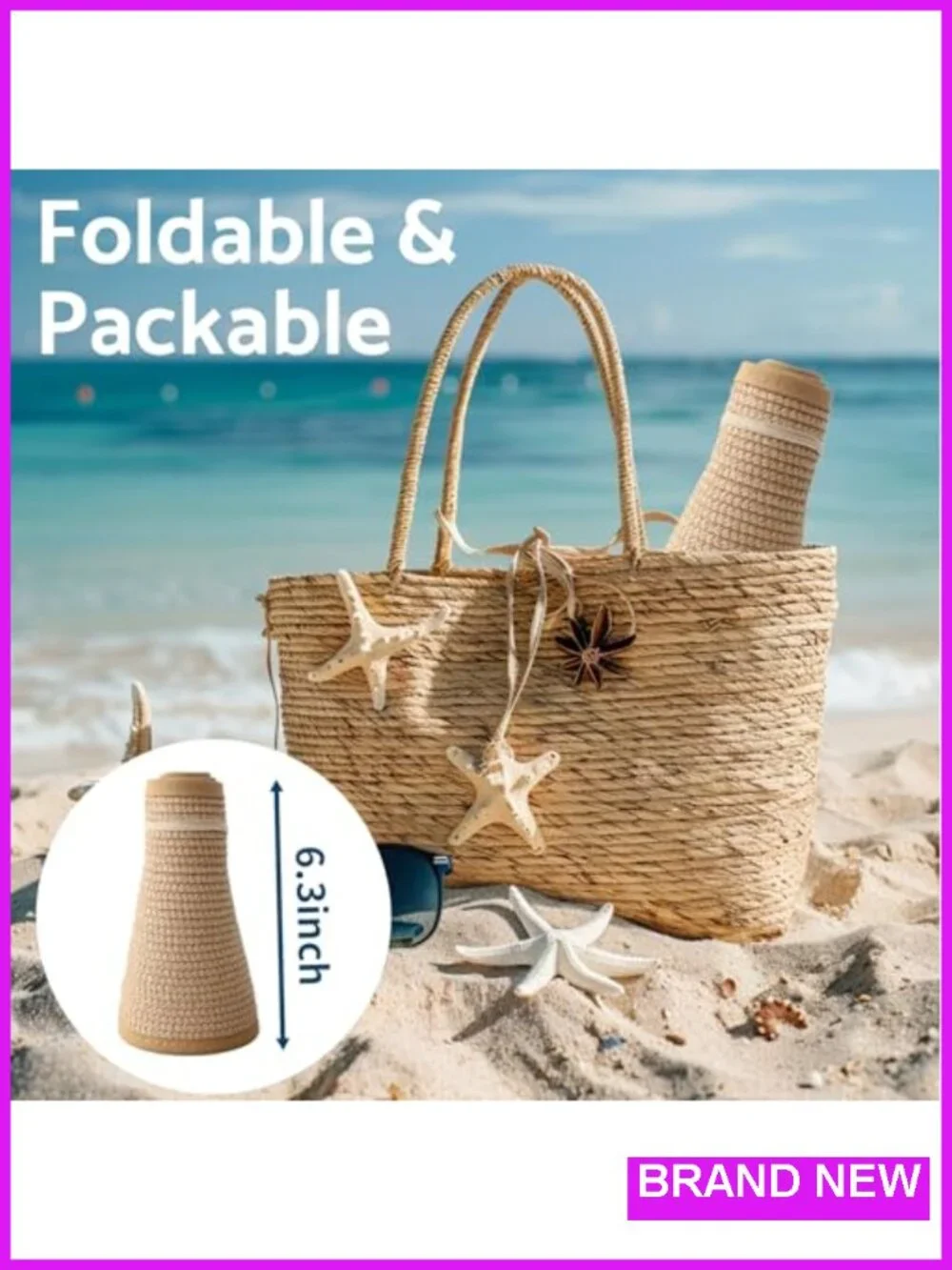Wide Brim Roll-Up Beach Ponytail Hat Packable Foldable Travel Straw Visor